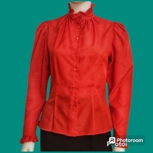 VTG LA BENE 1970s Tomato Red Ruffle High Neck Puff Sleeve Colonial Blouse